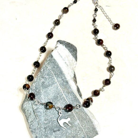 Genuine Dark Brown Agate Necklace, Natural Gemstone & Cute Slim Cat Pendant - Picture 4 of 15